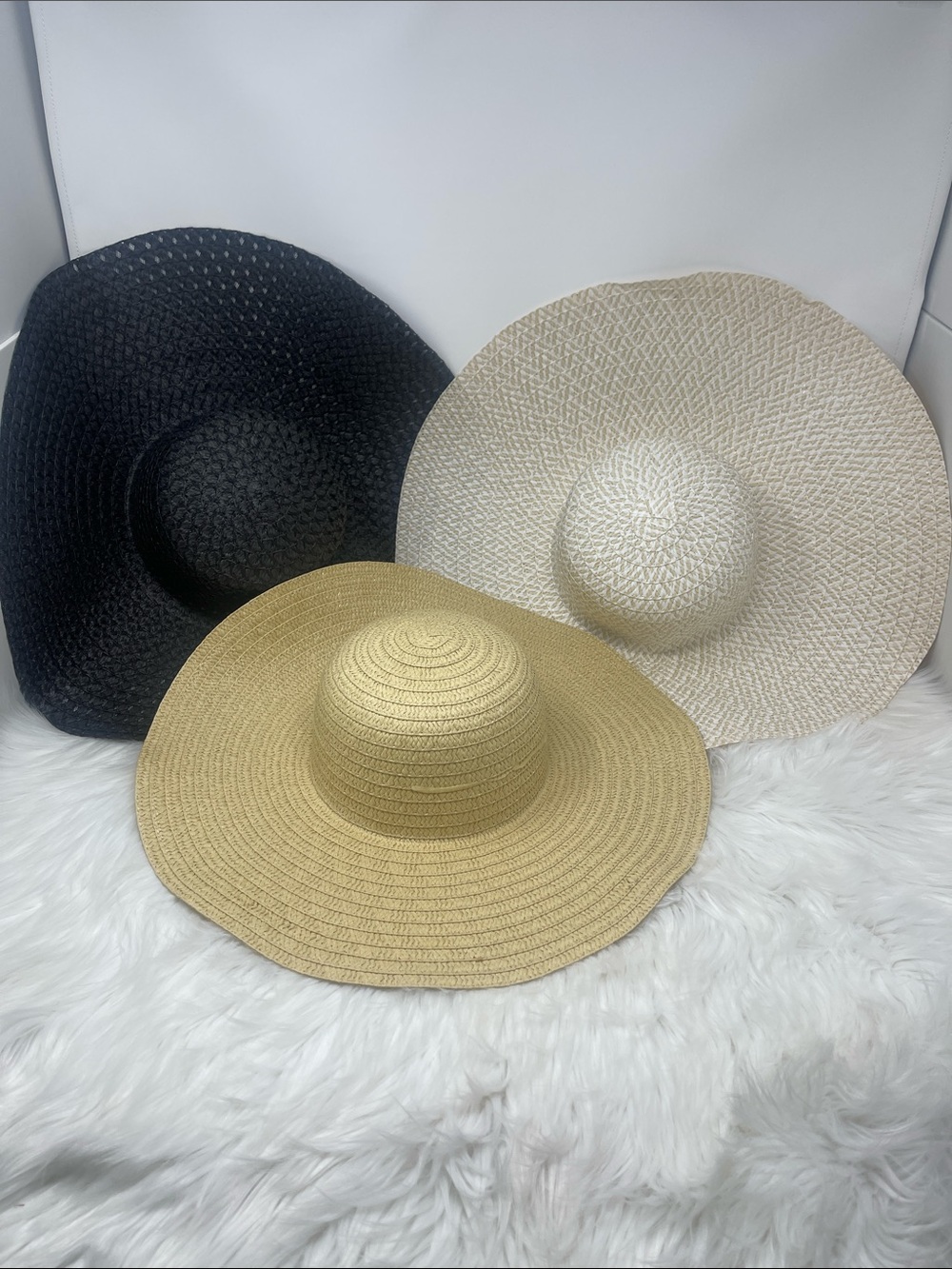 3-Pack Women’s Wide Brim Floppy Sun Hats Black Cream Tan